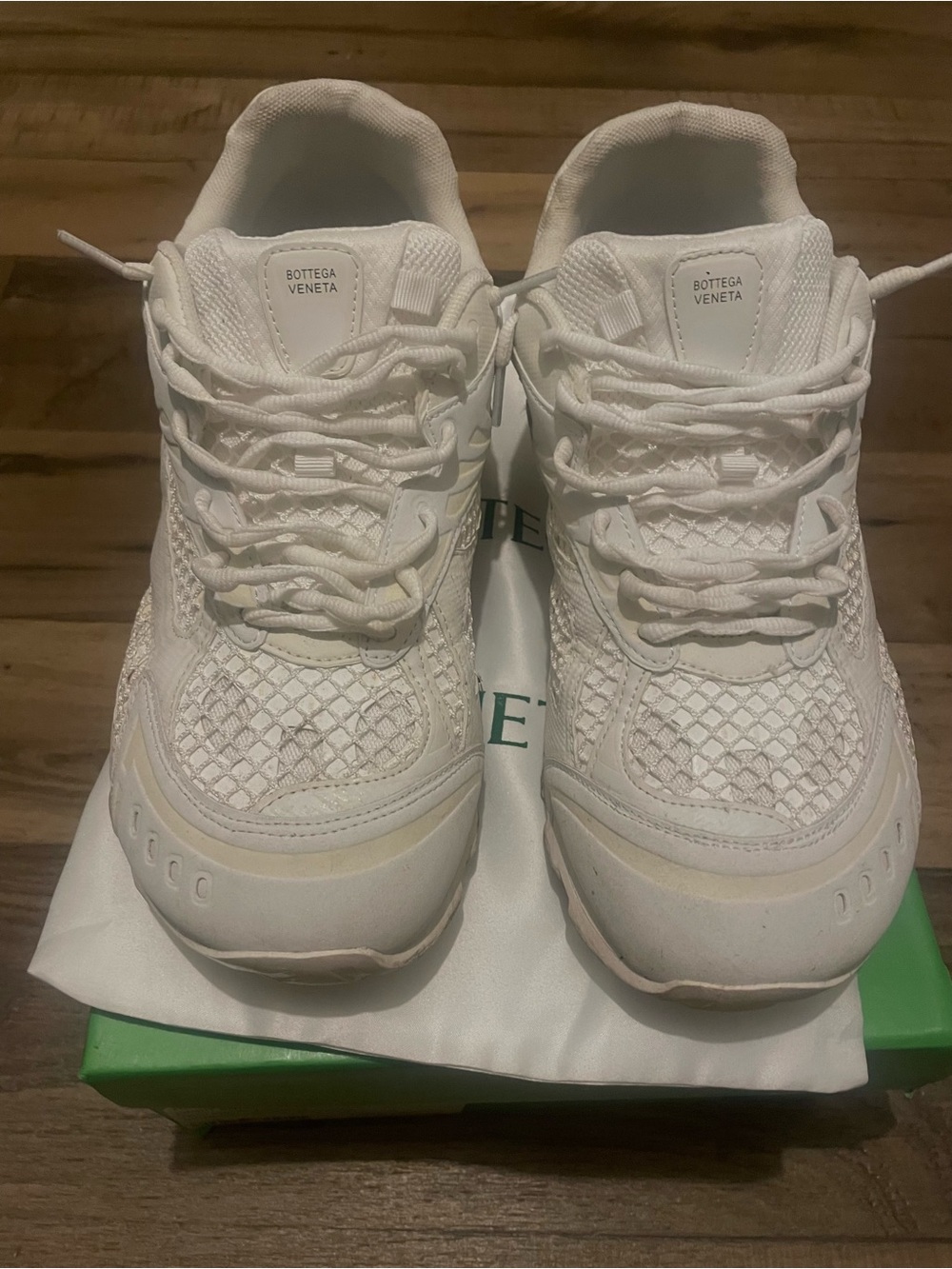 White Mesh and Leather Lace-Up Sneakers